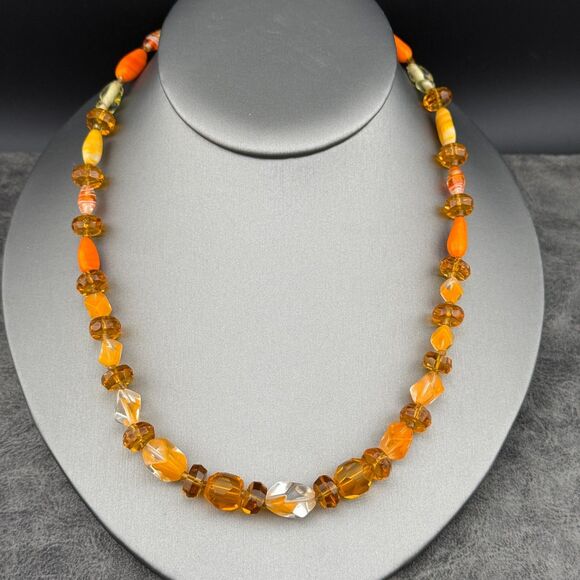 Orange Givre Swirl Glass Vintage Beaded Crystal Gold-tone Necklace UV GLOW - Picture 4 of 13